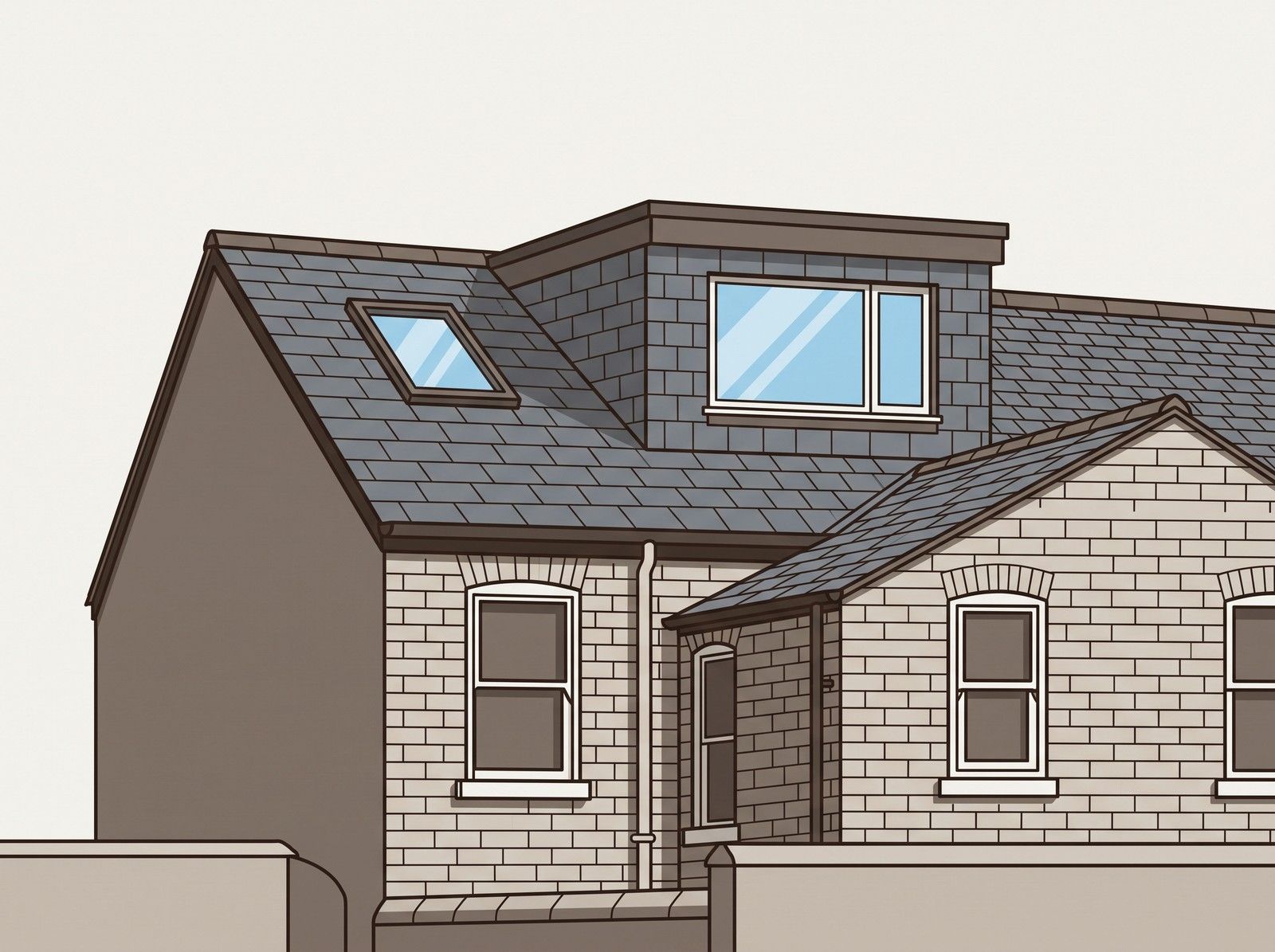The back of a Victorian terraced house with a new box dormer loft conversion and a rooflight on its slate roof